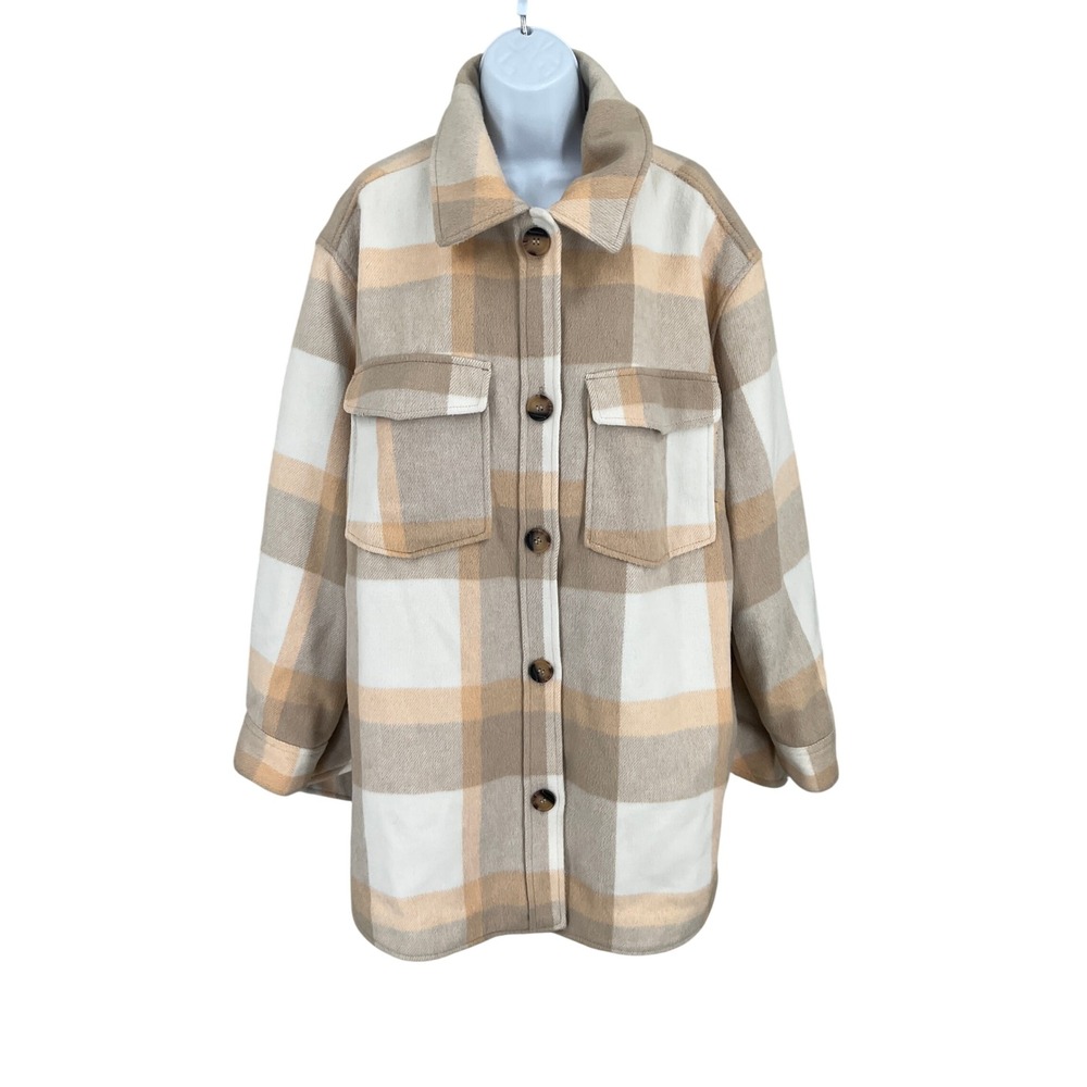 H&M Shirt Jacket Women XXL Tan Plaid Wool Blend‎ Oversized Shacket Lined